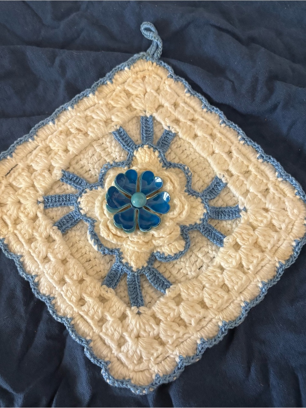 Vintage Blue Enamal Flower Brooch With Vintage Homemade Hotpad Blue And White